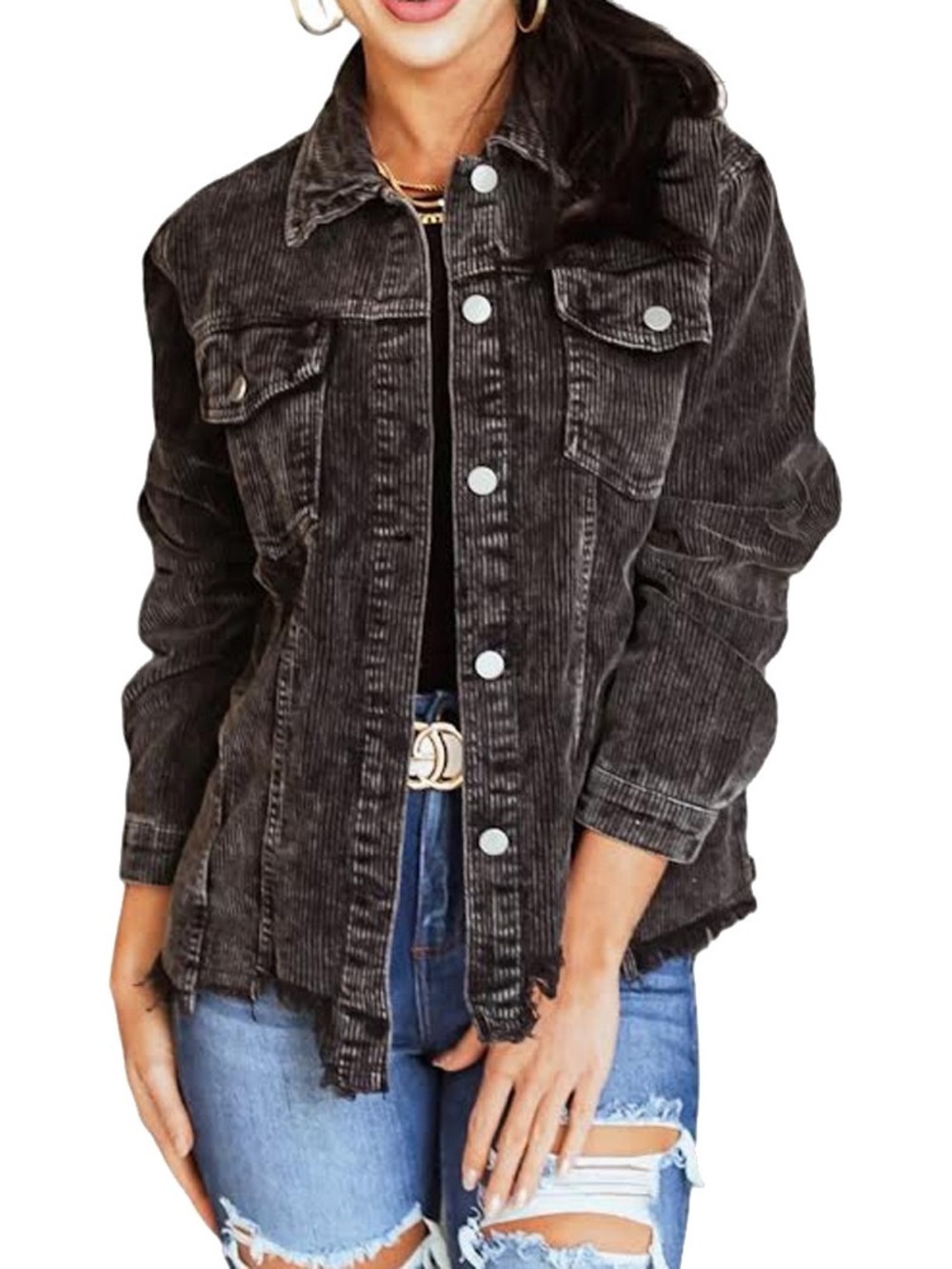 POL Black Washed Corduroy Button-Front Jacket